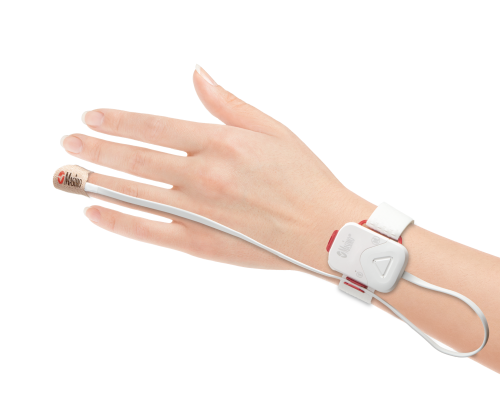 hand wearing the masimo safetynet alert sensor