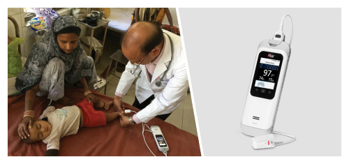 split shot of doctor using masimo rad-g with infant patient and a product shot of Masimo Rad-G®